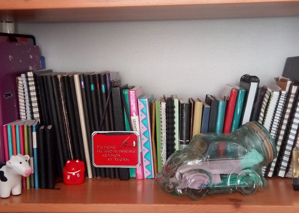 A neat and orderly notebook shelf!